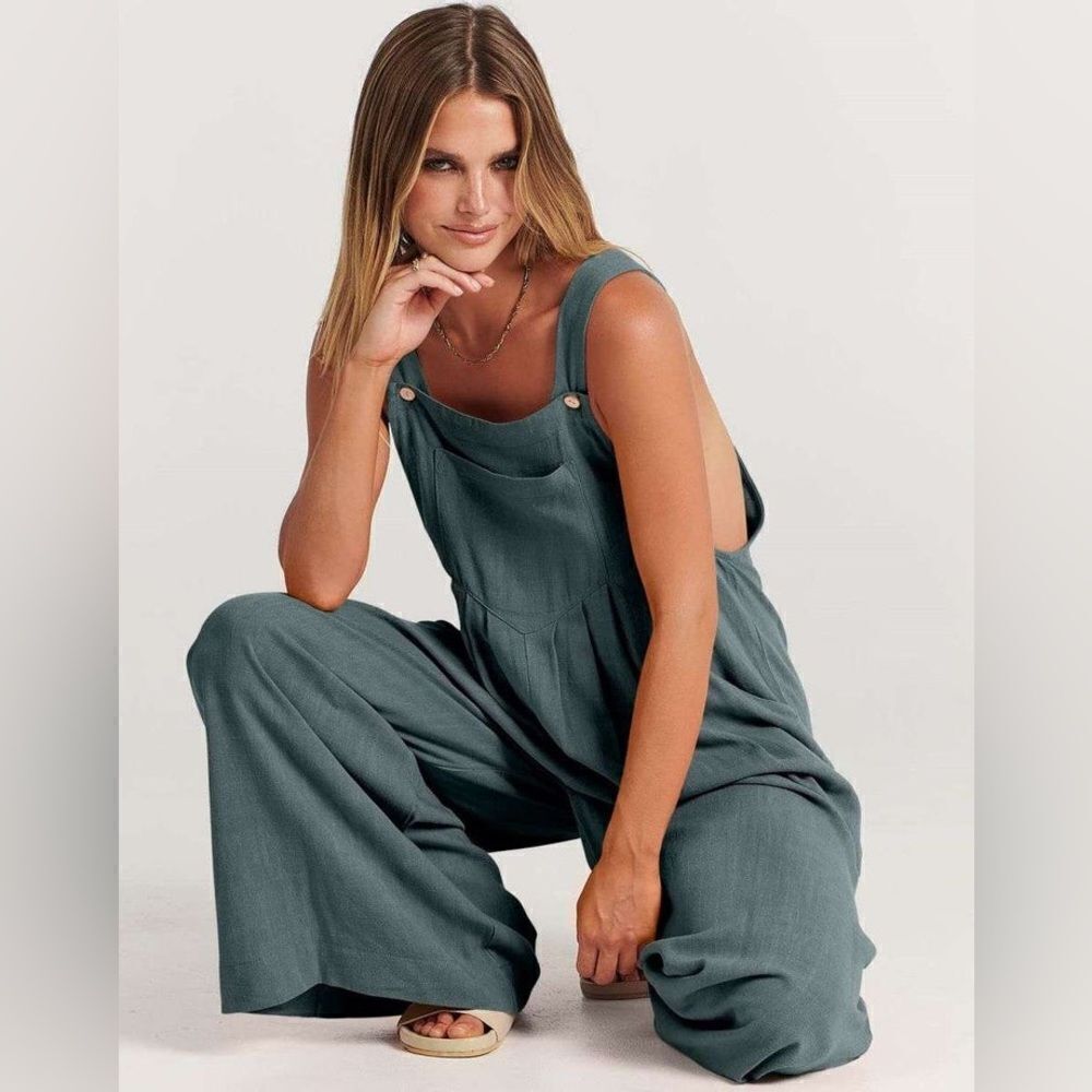 ANRABESS JUMPSUIT LOOSE SLEEVELESS ADJUSTABLE STRAPS BIB WIDE LEG W/POCKETS sz M